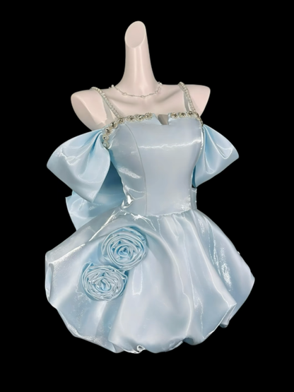 Sweet Ball Gown Spaghetti Strap Light Sky Blue Short Mini Party Cocktail Homecoming Dresses N4333