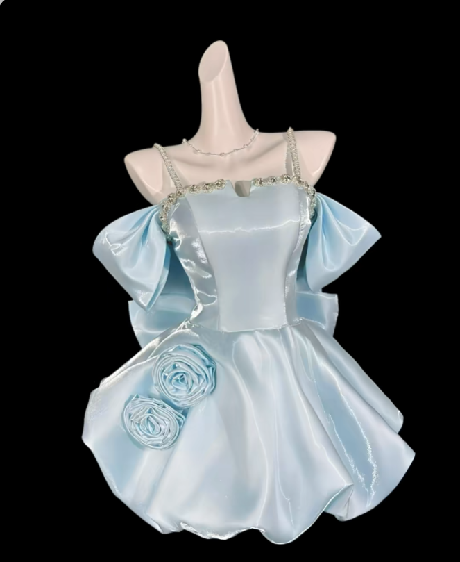 Sweet Ball Gown Spaghetti Strap Light Sky Blue Short Mini Party Cocktail Homecoming Dresses N4333