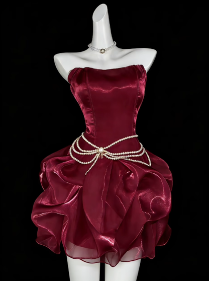 Unique Ball Gowns Strapless Burgundy Short Mini Party Cocktail Homecoming Dresses N4349