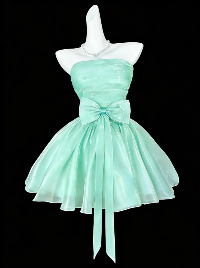Robe de soirée bustier vert menthe avec nœud-nœud courte mini, pour cocktail ou bal de promo N4360
