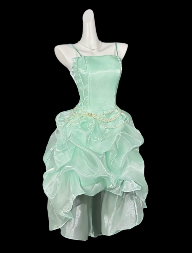 Süßes Ballkleid Spaghettiträger Tiefer Ausschnitt Minzgrün Party Cocktail Homecoming Kleider N4368