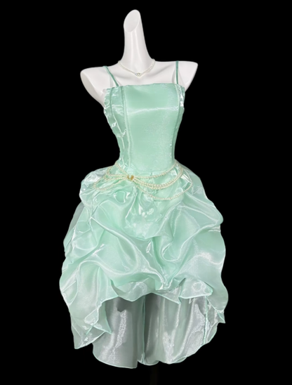 Süßes Ballkleid Spaghettiträger Tiefer Ausschnitt Minzgrün Party Cocktail Homecoming Kleider N4368