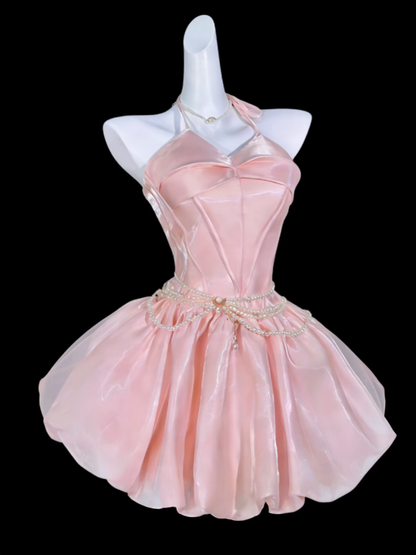 Douce Robe de Bal Licou Rose sans Manches Courte Mini Fête Cocktail Robe de Rentrée N4370