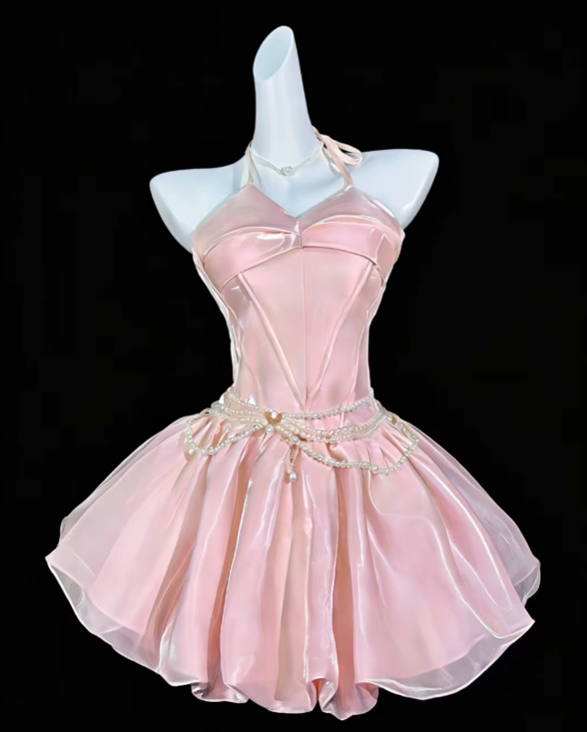 Douce Robe de Bal Licou Rose sans Manches Courte Mini Fête Cocktail Robe de Rentrée N4370
