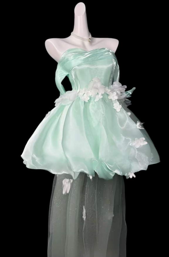 Robes de bal uniques, épaules dénudées, vert menthe, courtes, mini robes de soirée cocktail pour le retour (N4376)