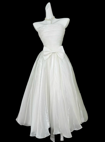 Modest Ball Gown Strapless Blue Tea Length Evening Dresses Night Date Prom Dress For Women N4410