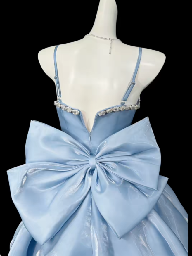 Robe de Bal Courte à Bretelles Fines avec Perles, Mini Robe de Soirée/Cocktail/Retour à la Maison, Bleu Clair N4399
