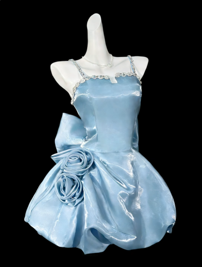 Robe de Bal Courte à Bretelles Fines avec Perles, Mini Robe de Soirée/Cocktail/Retour à la Maison, Bleu Clair N4399