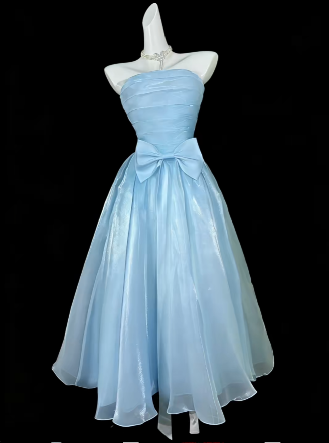 Modest Ball Gown Strapless Blue Tea Length Evening Dresses Night Date Prom Dress For Women N4410