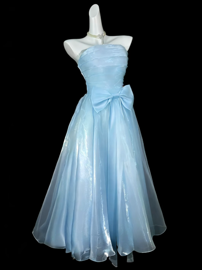Modest Ball Gown Strapless Blue Tea Length Evening Dresses Night Date Prom Dress For Women N4410
