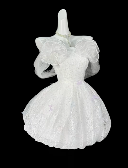 Unique Ball Gowns Off The Shoulder White Lace Short Mini Party Graduation Homecoming Dresses N4415