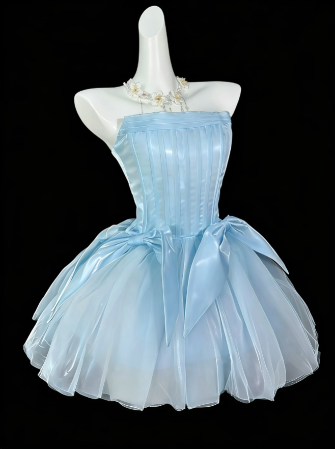 Jolie Robe de Bal Courte Mini sans Bretelles Bleu Ciel Clair pour Bal de Promo Lycée Fête de Rentrée N4470