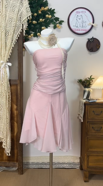 Cute A Line Strapless Chiffon Pink Senior Short Formal Graduation Inspo Homecoming Dresses N4564