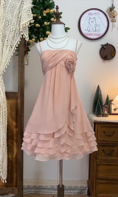 Pretty A Line Spaghetti Strap Pink Chiffon Mini Senior Short Graduation High School Homecoming Dresses N4579
