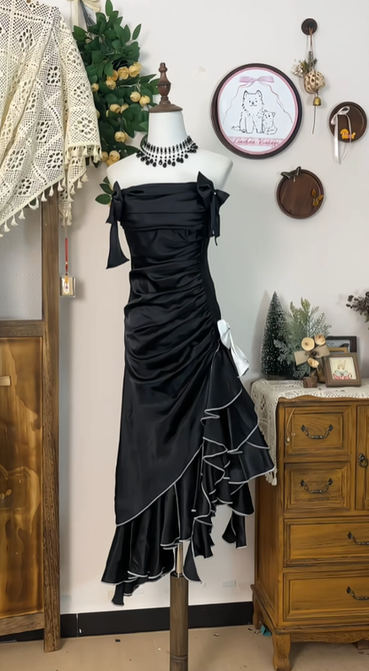 Robe de soirée bustier vintage en satin noir pour bal de promo lycéen (Hoco) N4581