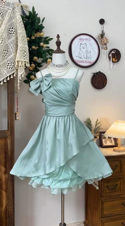 Pretty A Line Spaghetti Strap Blue Satin Mini Senior Short Graduation High School Homecoming Dresses N4584