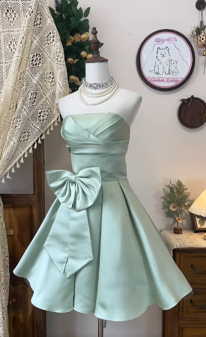 Cute Ball Gown Strapless Mint Green Satin Senior Short Formal Graduation Inspo Homecoming Dresses N4590