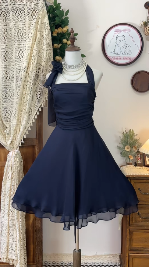Elegant A line Halter Chiffon Navy Blue Dance Senior Short Formal Graduation Inspo Homecoming Dresses N4593