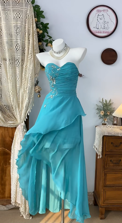 Cute High Low Sweetheart Blue Chiffon Senior Formal Graduation Inspo Homecoming Dresses N4599