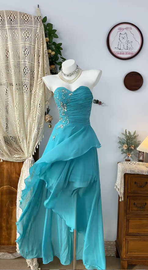 Cute High Low Sweetheart Blue Chiffon Senior Formal Graduation Inspo Homecoming Dresses N4599