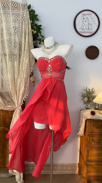 Süßes High-Low Sweetheart-Kleid aus rotem Chiffon für Abschlussball, Abschlussfeier, Homecoming-Kleider N4600