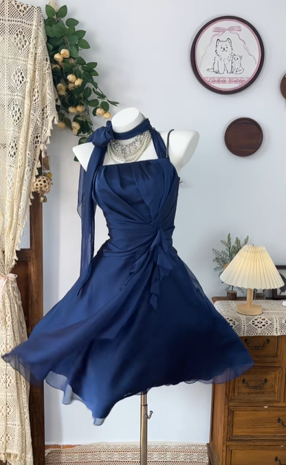 Belles Robes de Bal Halter Bleu Marine Mousseline Mini Robes Courtes de Remise de Diplôme Lycée N4631