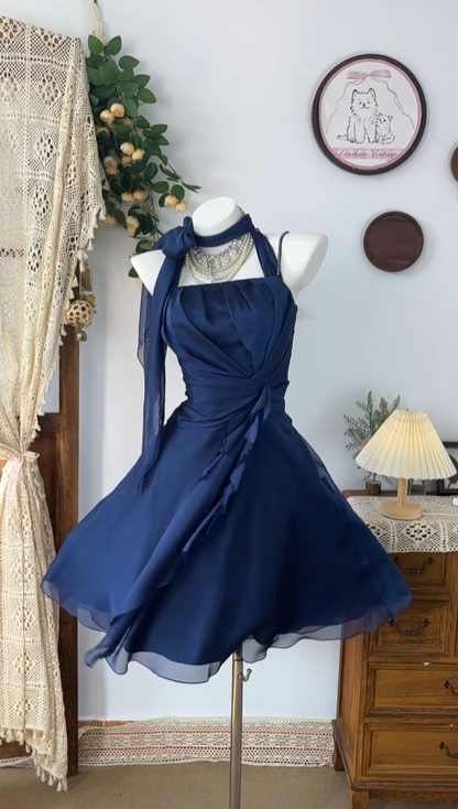 Belles Robes de Bal Halter Bleu Marine Mousseline Mini Robes Courtes de Remise de Diplôme Lycée N4631
