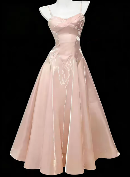Robe de soirée élégante rose longueur cheville à fines bretelles ligne A pour anniversaire ou invitée de mariage N4634