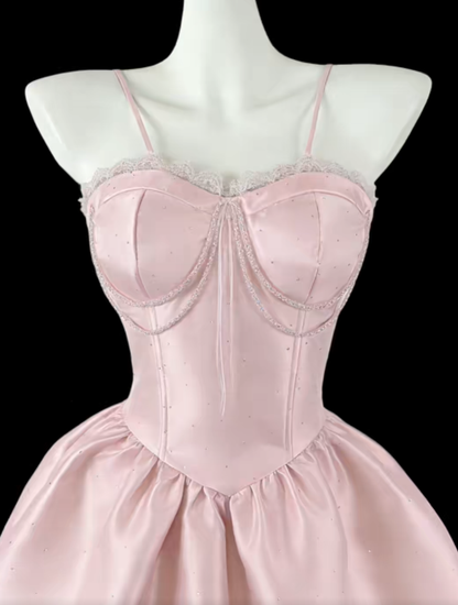 Jolie Robe de Bal Courte à Bretelles Fines en Satin Rose avec Dentelle, Robe de Bal de Fin d'Année de Lycée N4643