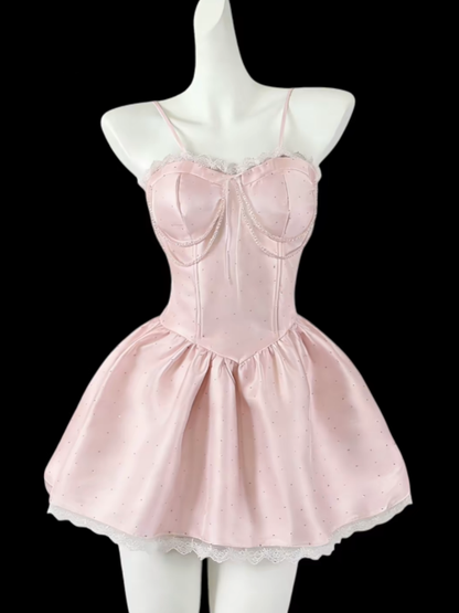 Jolie Robe de Bal Courte à Bretelles Fines en Satin Rose avec Dentelle, Robe de Bal de Fin d'Année de Lycée N4643