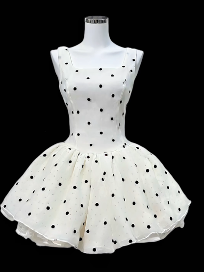 Magnifiques Robes de Bal, Col Carré, Pois, Mini Courtes Blanches, Robes de Rentrée Lycée N4644