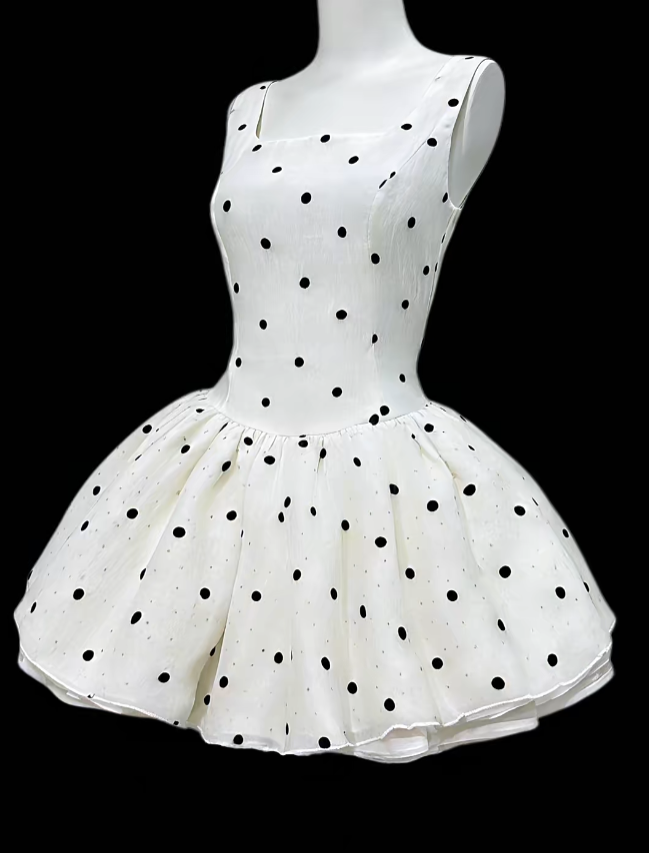 Magnifiques Robes de Bal, Col Carré, Pois, Mini Courtes Blanches, Robes de Rentrée Lycée N4644