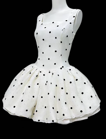 Magnifiques Robes de Bal, Col Carré, Pois, Mini Courtes Blanches, Robes de Rentrée Lycée N4644