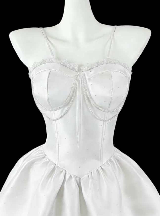 Pretty Ball Gown Spaghetti Strap White Satin Senior Inspo Graduation High School Short Homecoming Dresses N4651