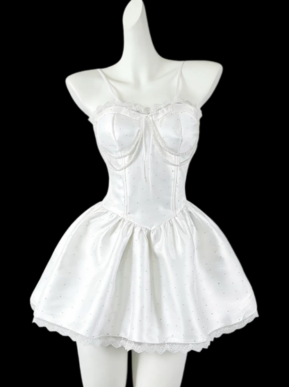 Pretty Ball Gown Spaghetti Strap White Satin Senior Inspo Graduation High School Short Homecoming Dresses N4651
