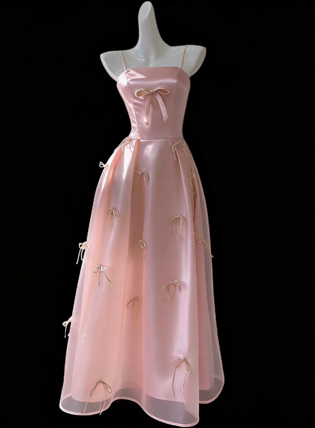 Romantische A-Linien Spaghettiträger Rosa Ideen für Damen Lange Geburtstagskleider Feiertags-Sommeroutfits N4664