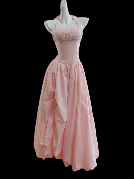 Sexy Ballkleid Abendkleid Neckholder Pink mit Rüschen Lang Formelles Kleid N4666