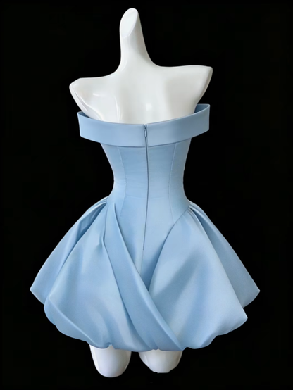 Robe de bal modeste, épaules dénudées, satin bleu, mini, courte pour étudiante, robe de bal de promo, robes de bal de lycée N4684