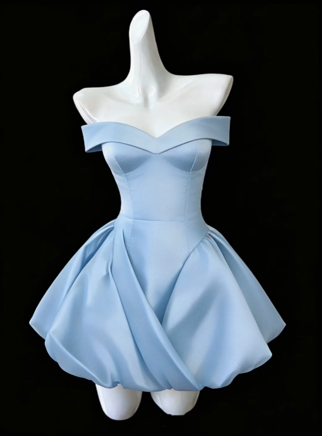 Robe de bal modeste, épaules dénudées, satin bleu, mini, courte pour étudiante, robe de bal de promo, robes de bal de lycée N4684