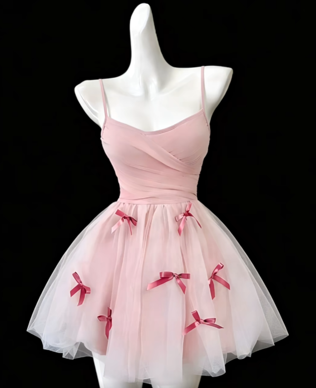 Robes de bal uniques à fines bretelles en tulle rose mini-robes de bal de fin d'année courtes N4686