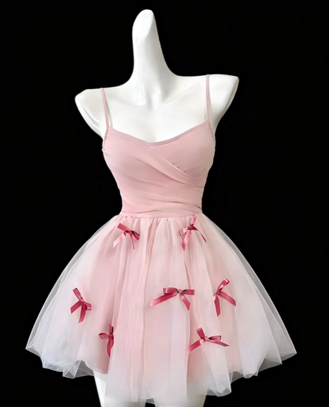 Robes de bal uniques à fines bretelles en tulle rose mini-robes de bal de fin d'année courtes N4686