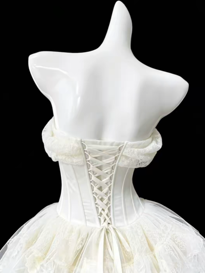 Modest Ball Gown Off The Shoulder White Lace Mini Senior Short Hoco Gown High School Homecoming Dresses N4687