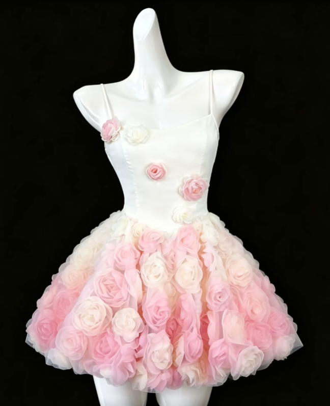 Jolie robe de bal courte en tulle blanc à bretelles fines avec fleurs 3D pour la remise des diplômes ou le bal de promo, N4693