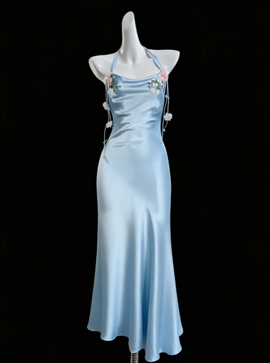 Romantische Meerjungfrau Neckholder Blaue Satin Ideen Für Frauen 18. Geburtstag Kleider Urlaub Sommer Outfits N4694