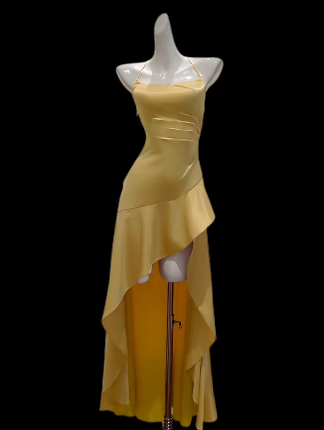 Robes de Bal Sexy Jaune Asymétrique à Bretelles Fines avec Fente Robe de Soirée Longue Formelle N4695