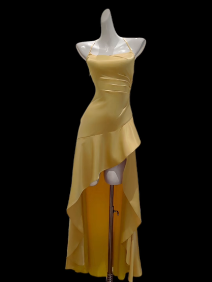 Robes de Bal Sexy Jaune Asymétrique à Bretelles Fines avec Fente Robe de Soirée Longue Formelle N4695