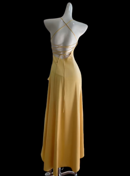 Robes de Bal Sexy Jaune Asymétrique à Bretelles Fines avec Fente Robe de Soirée Longue Formelle N4695