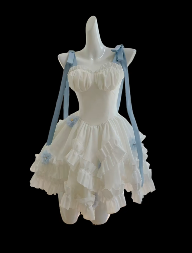 Jolie Robe de Bal Courte à Bretelles Fines Blanche avec Fleurs Bleues Mini Inspo Senior Robe de Cérémonie Courte N4698