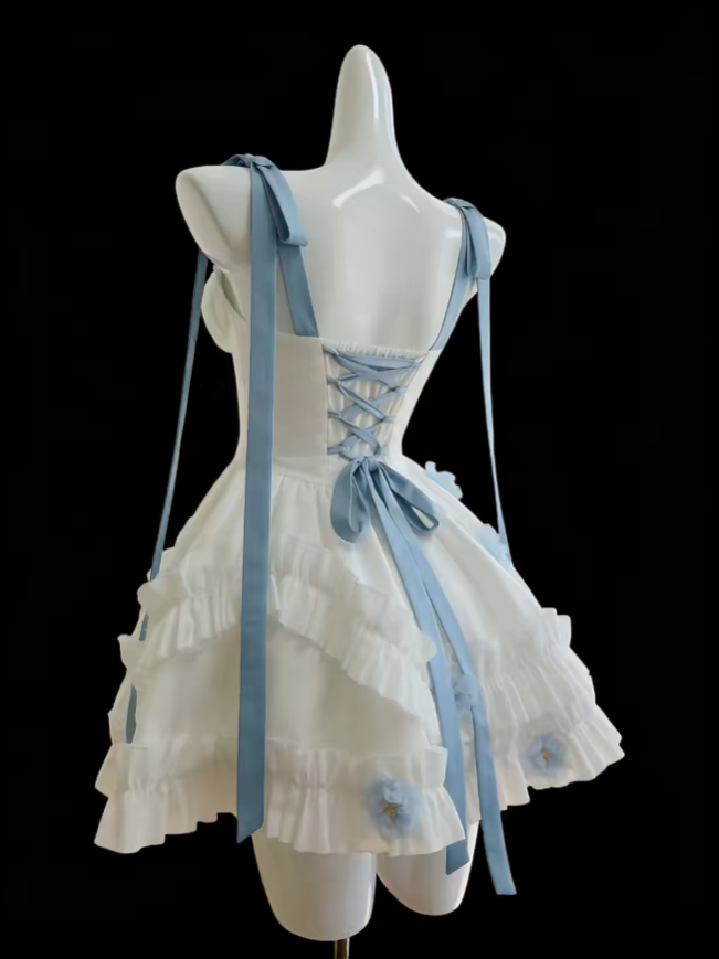 Jolie Robe de Bal Courte à Bretelles Fines Blanche avec Fleurs Bleues Mini Inspo Senior Robe de Cérémonie Courte N4698