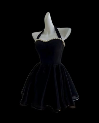 Modest Ball Gown Halter Little Black Satin Mini Senior Short Hoco Gown High School Homecoming Dresses N4699